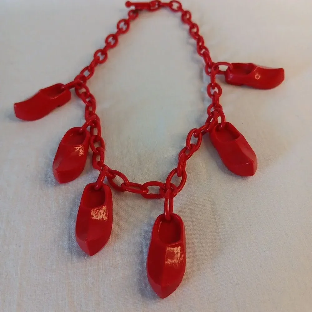 1930s-1940s Red Celluloid Clog Necklace Choker Plastic Whimsical 15in Red Shoes